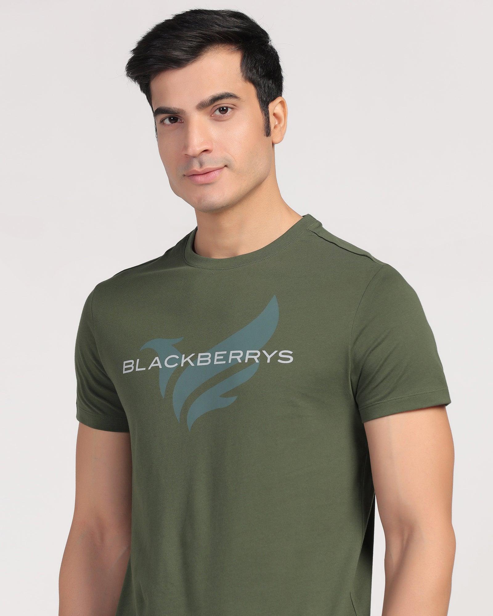 Crew Neck Olivee Green Printed T-Shirt - Dote - Blackberrys