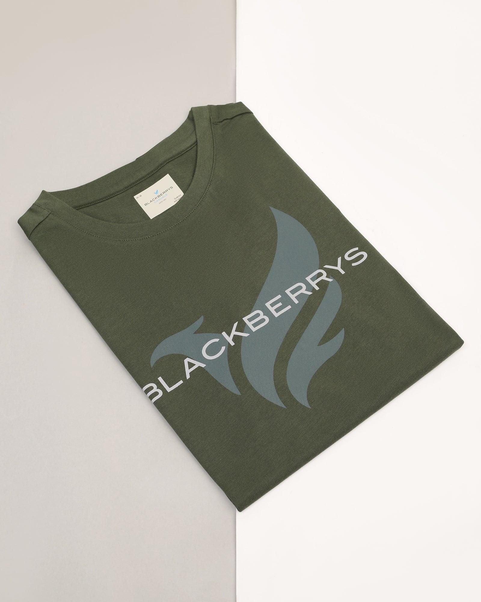 Crew Neck Olivee Green Printed T-Shirt - Dote - Blackberrys