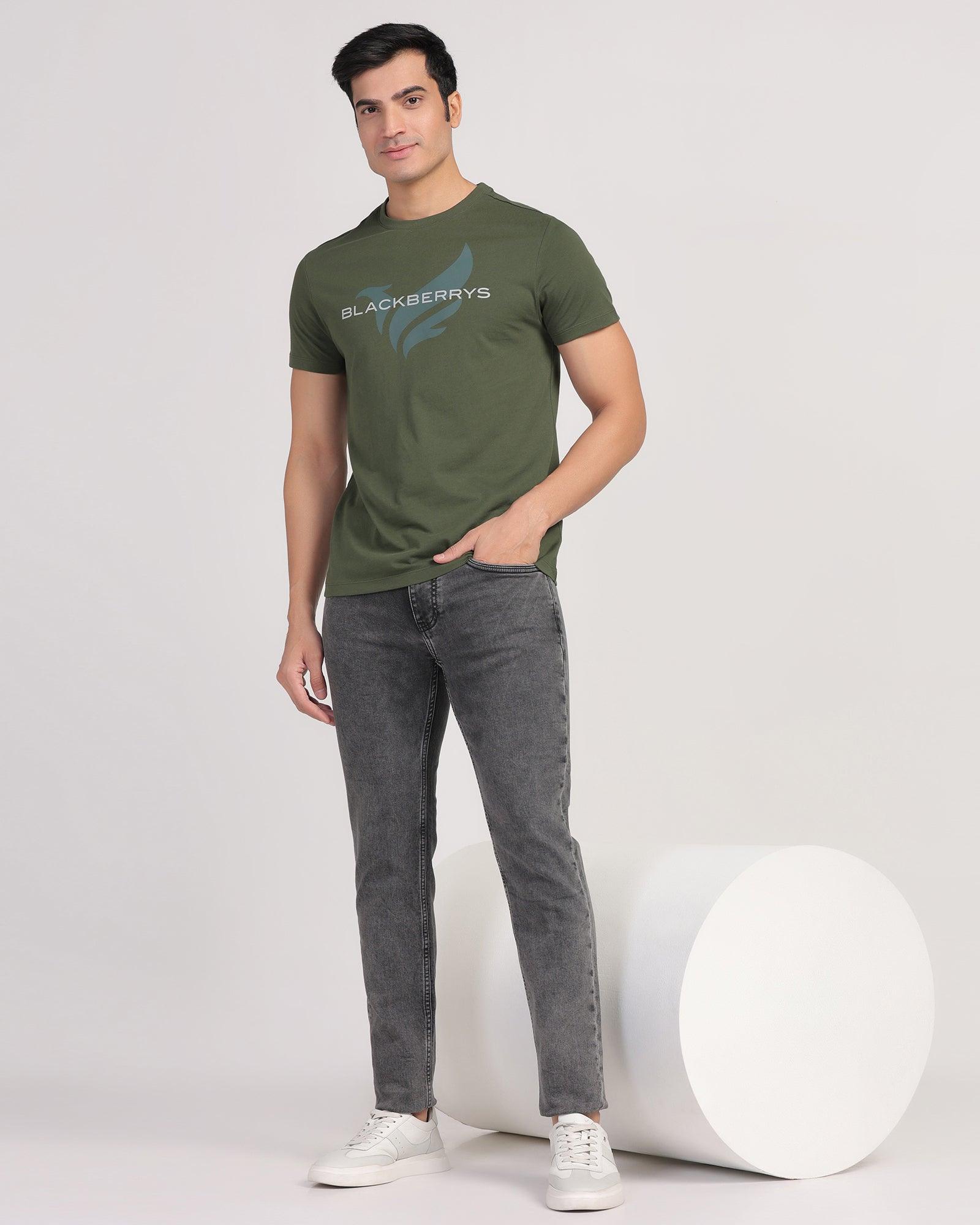 Crew Neck Olivee Green Printed T-Shirt - Dote - Blackberrys