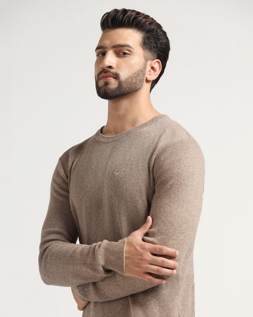 Crew Neck Beige Solid Sweater - Jenny