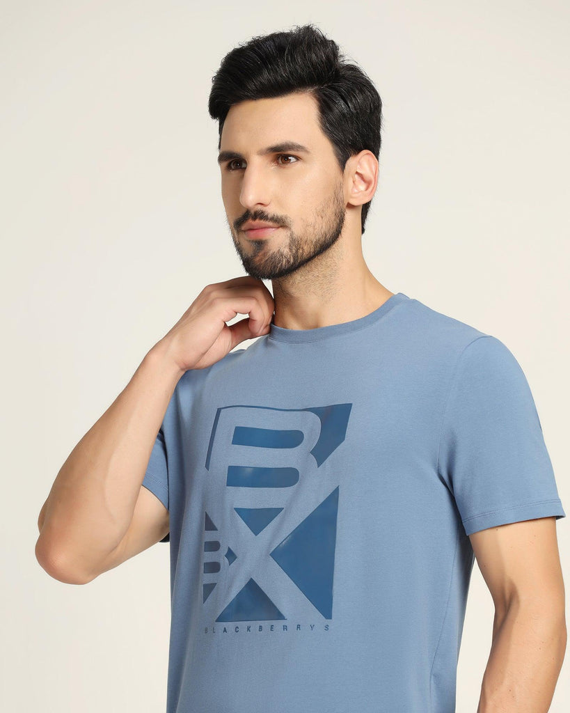 Crew Neck Blue Solid T-Shirt - Foxxy