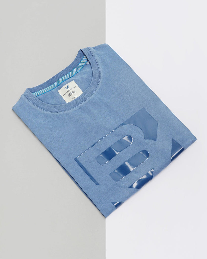 Crew Neck Blue Solid T-Shirt - Foxxy