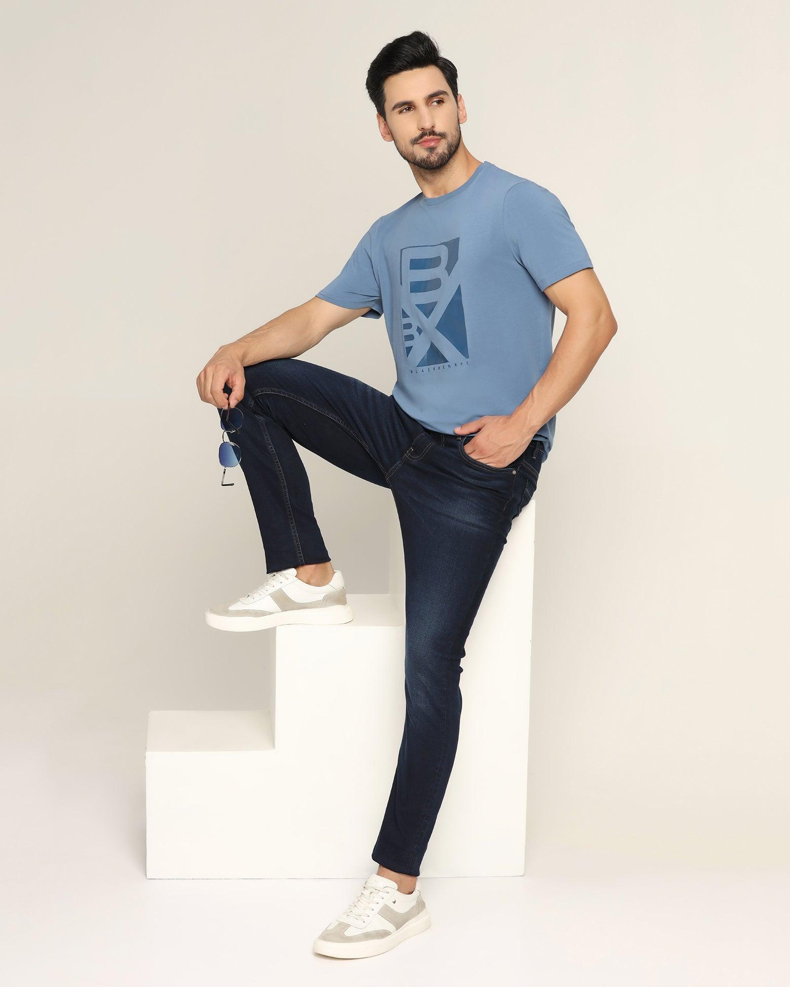 Crew Neck Blue Solid T Shirt - Foxxy