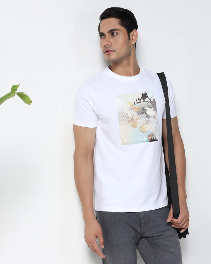 Crew Neck White Printed T-Shirt - Moses