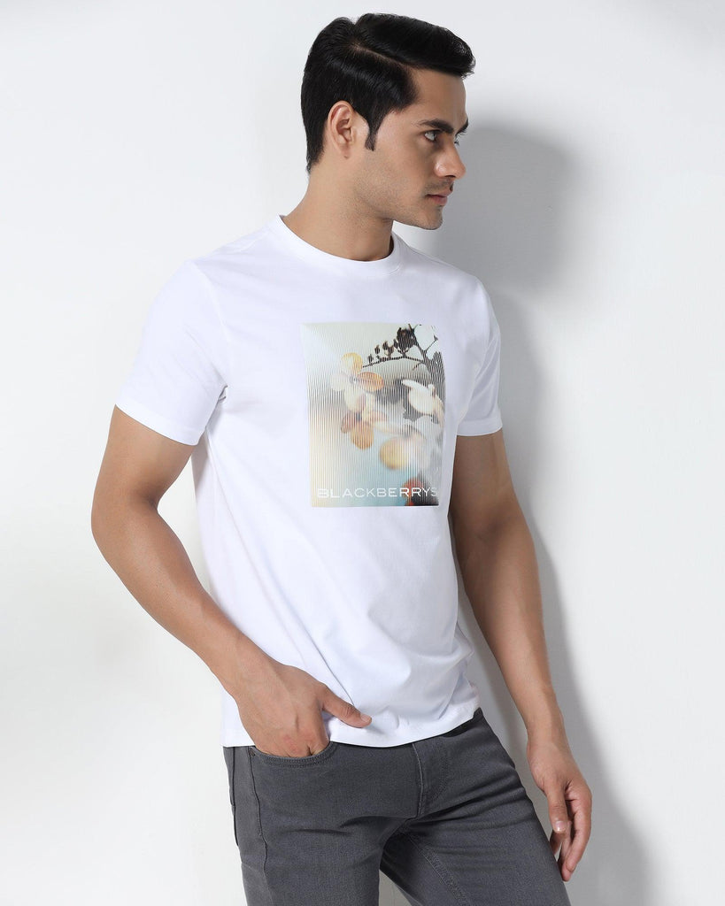 Crew Neck White Printed T-Shirt - Moses