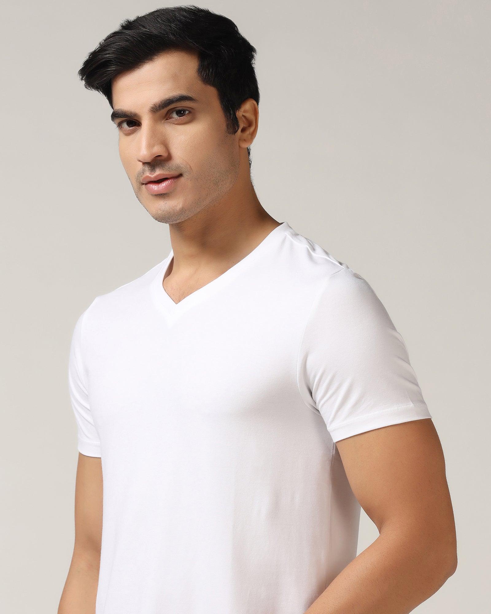 V-Neck White Solid T-Shirt - Koi