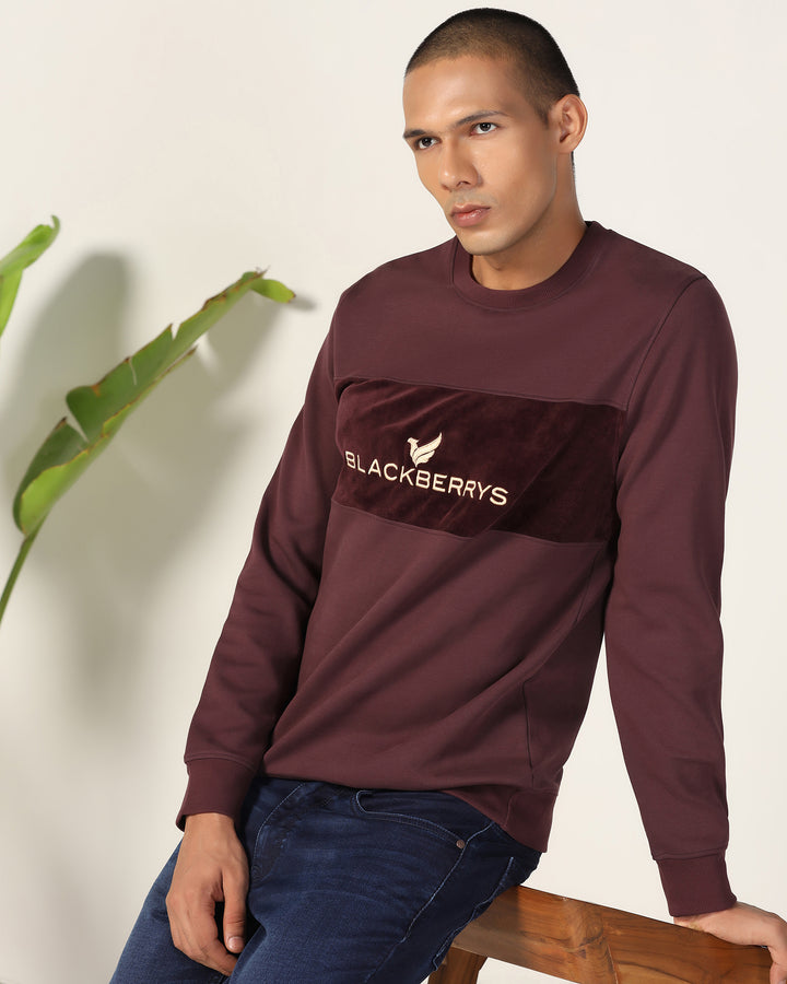 Crew Neck Wine Solid Sweatshirt - Feb