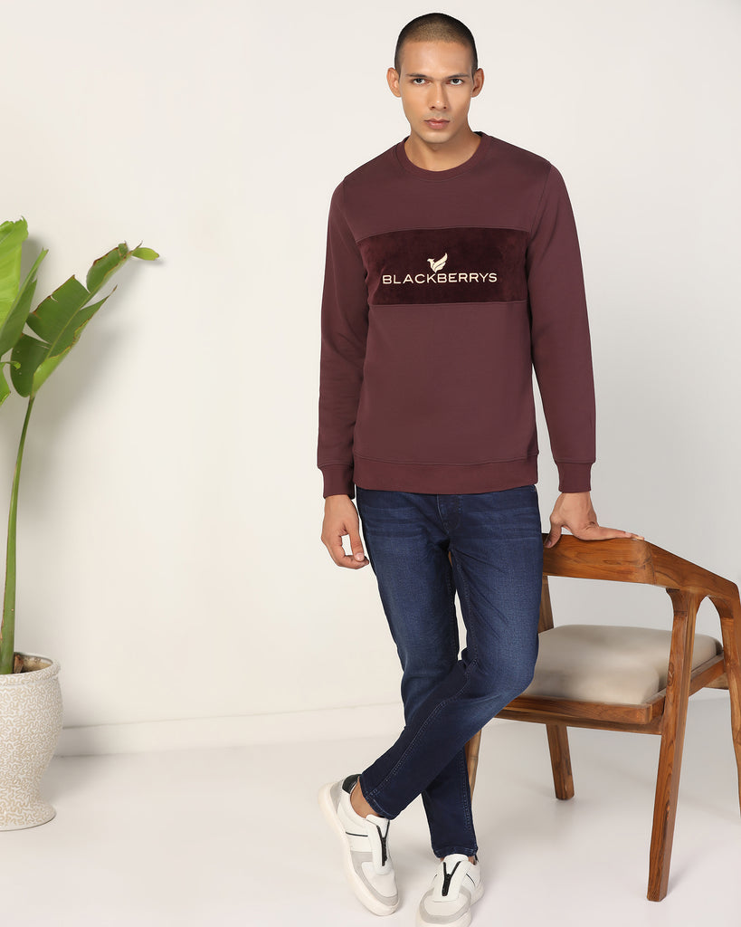 Crew Neck Wine Solid Sweatshirt - Feb