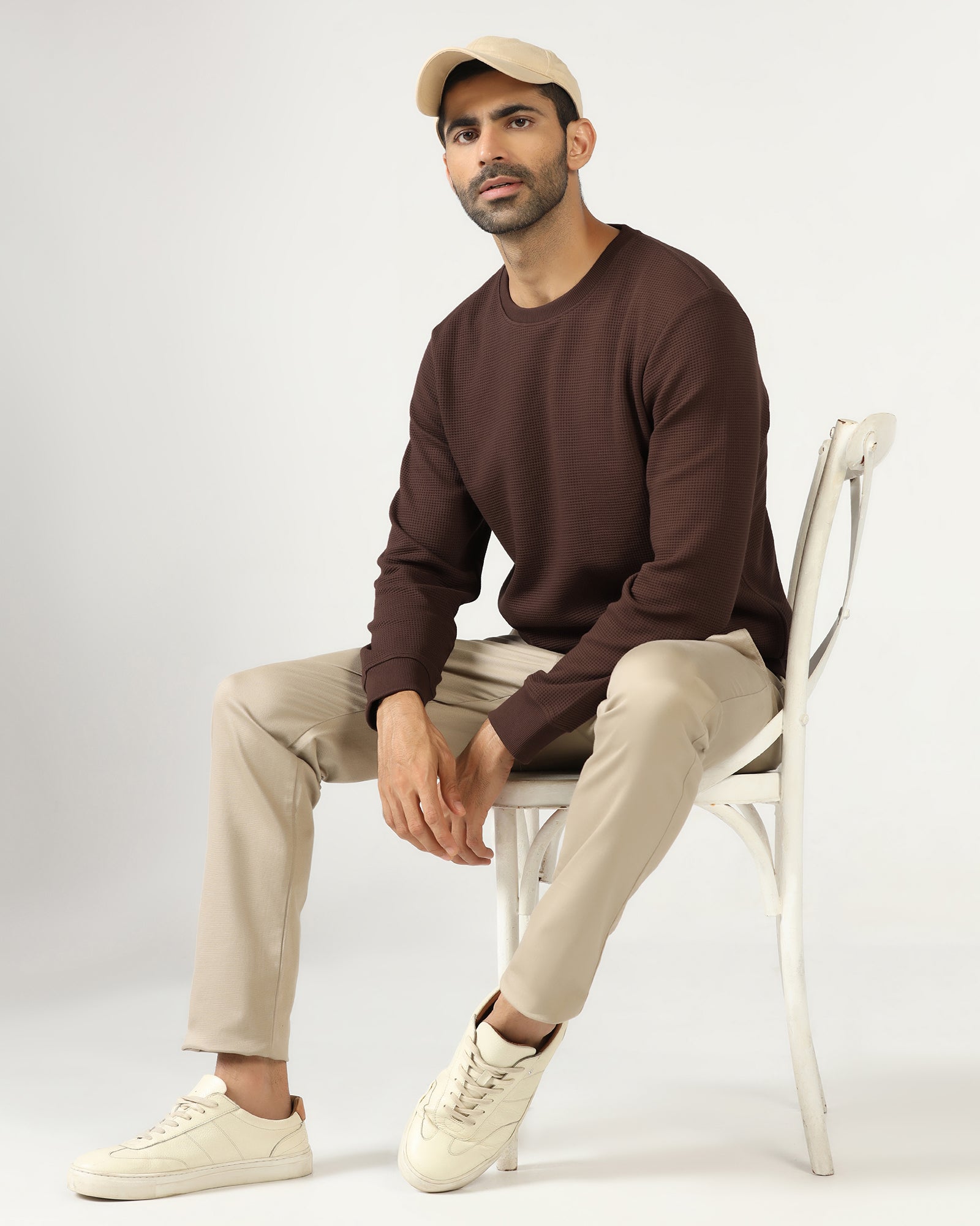 Dark Brown Crew Neck Textured Sweatshirt - Pan