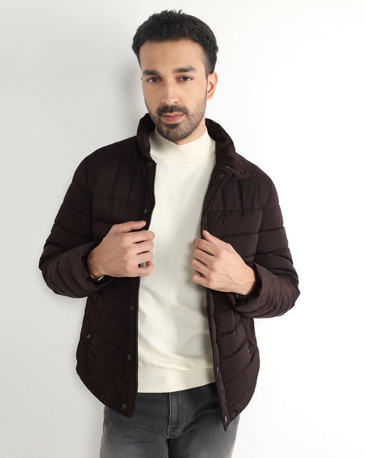 Dark Brown Solid Zipper Jacket - Aproni