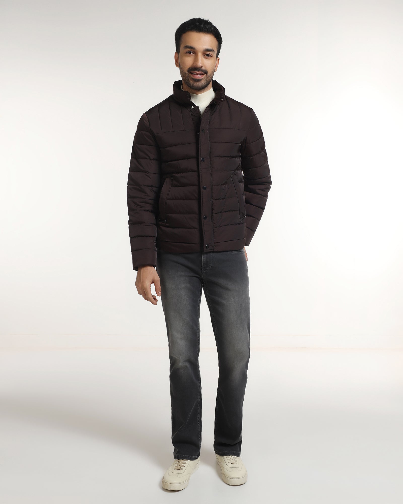 Dark Brown Solid Zipper Jacket - Aproni