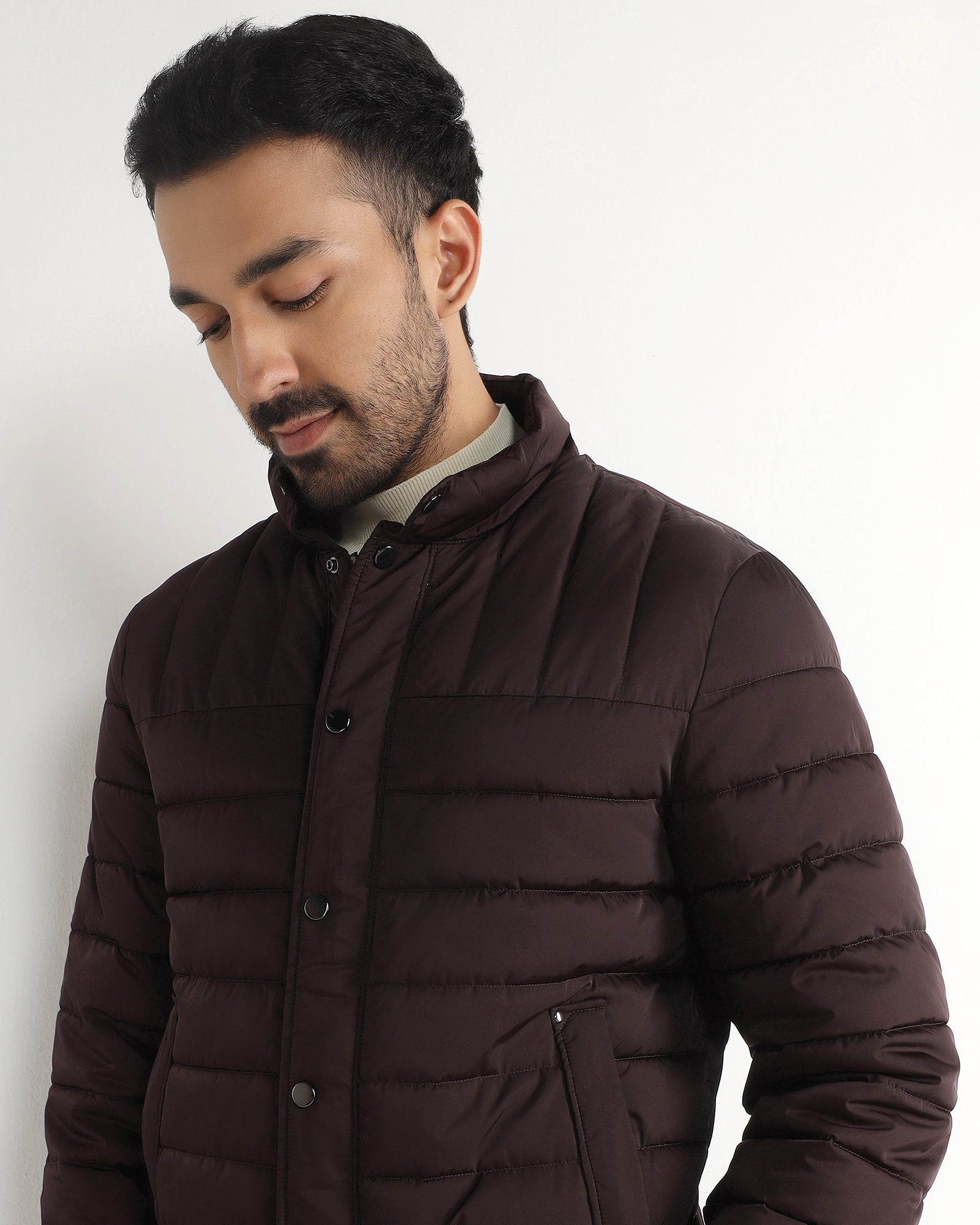 Dark Brown Solid Zipper Jacket - Aproni