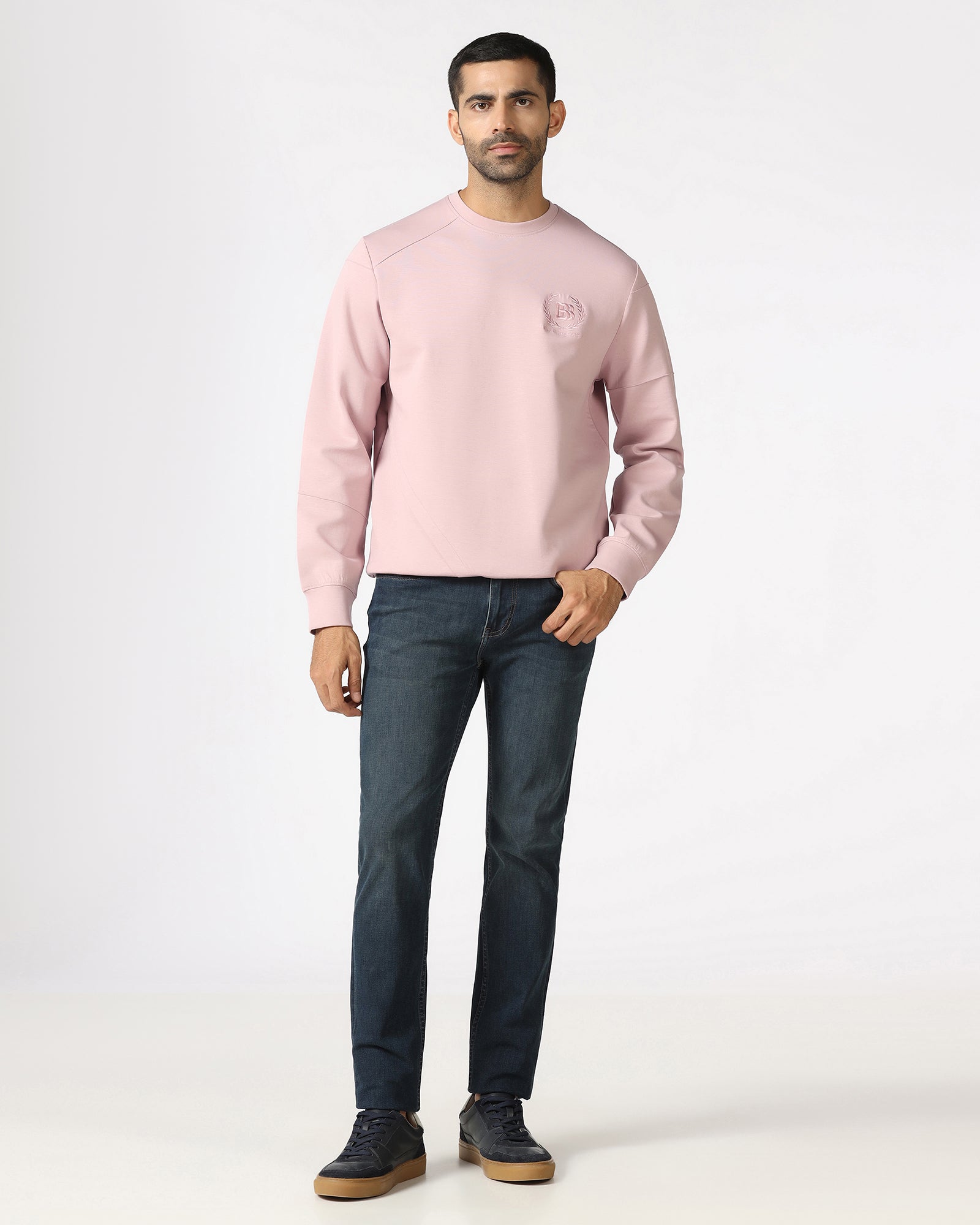 Dusty Pink Crew Neck Solid Sweatshirt - Dapper