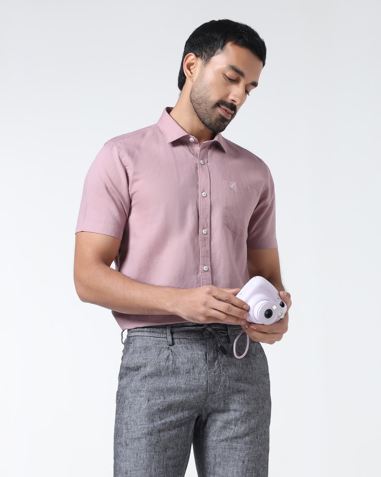 Dusty Pink Half Sleeve Linen Solid Shirt - Cleo