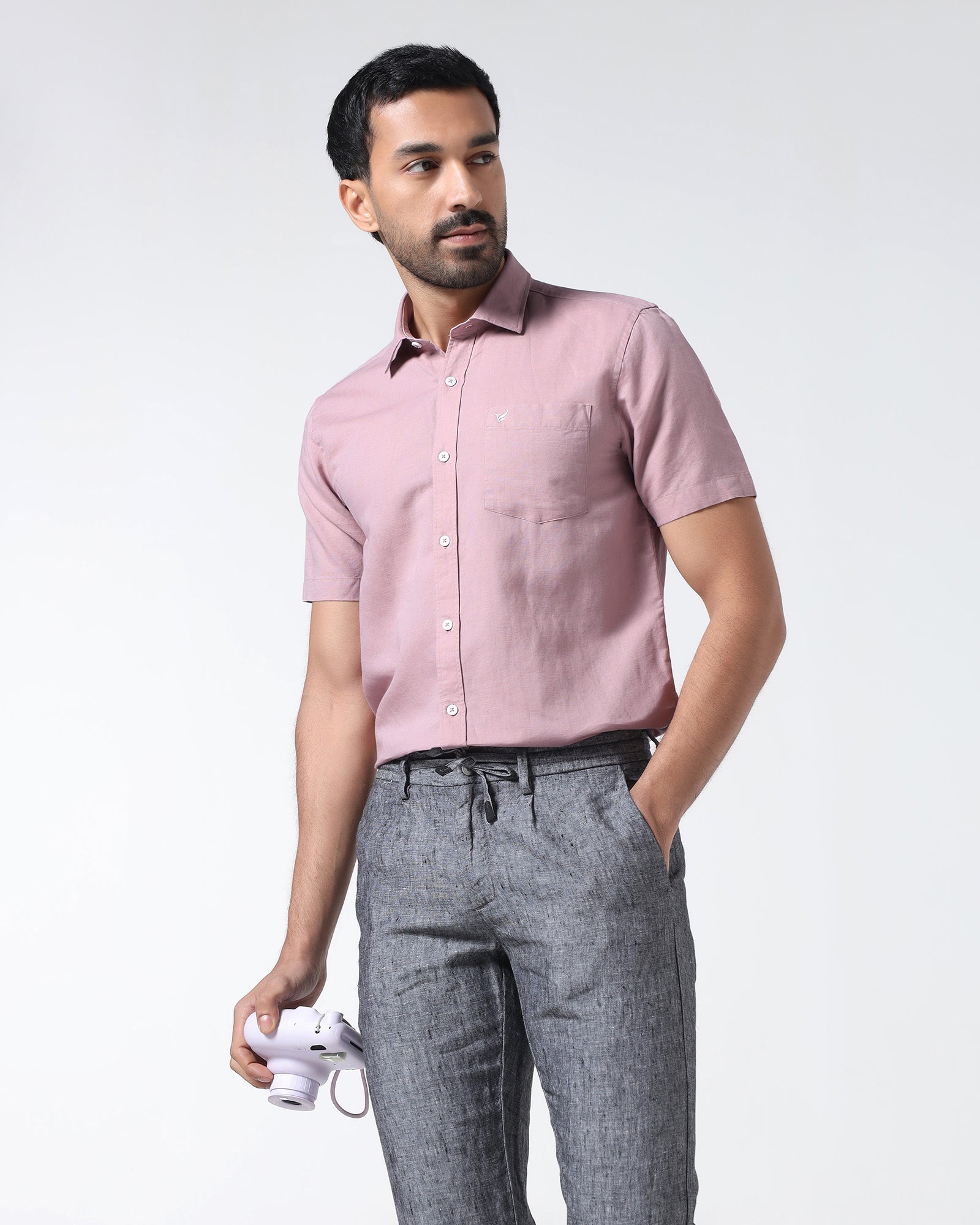 Dusty Pink Half Sleeve Linen Solid Shirt - Cleo