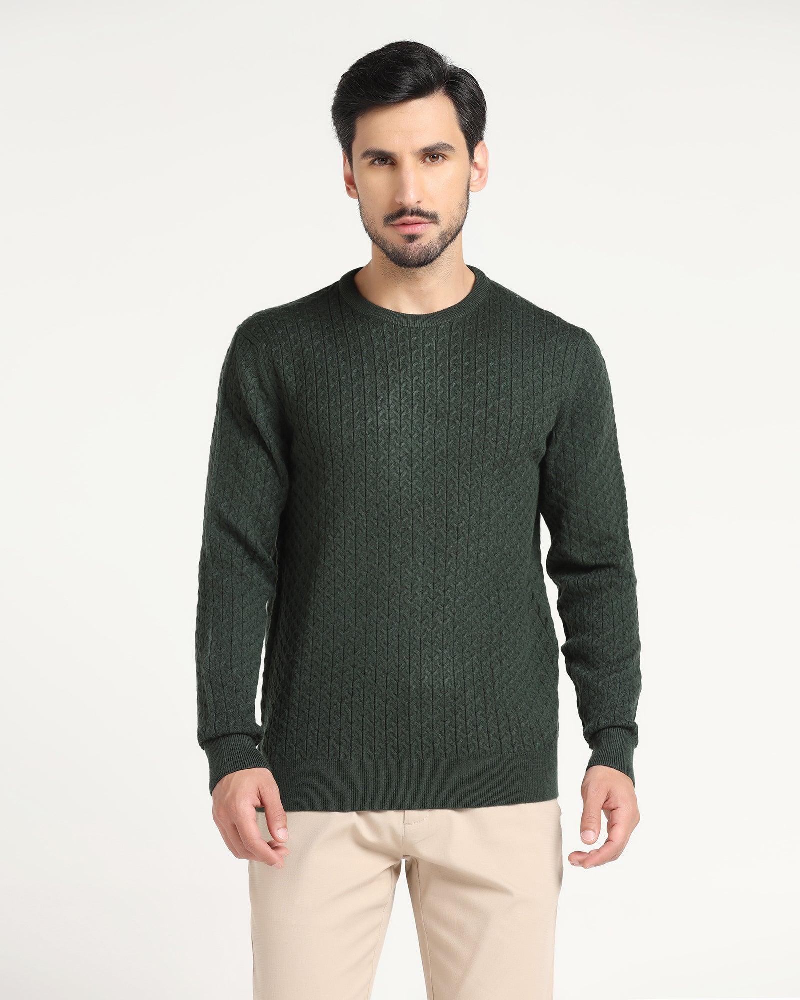 Crew Neck Bottle Green Textured Sweater - Jiggle