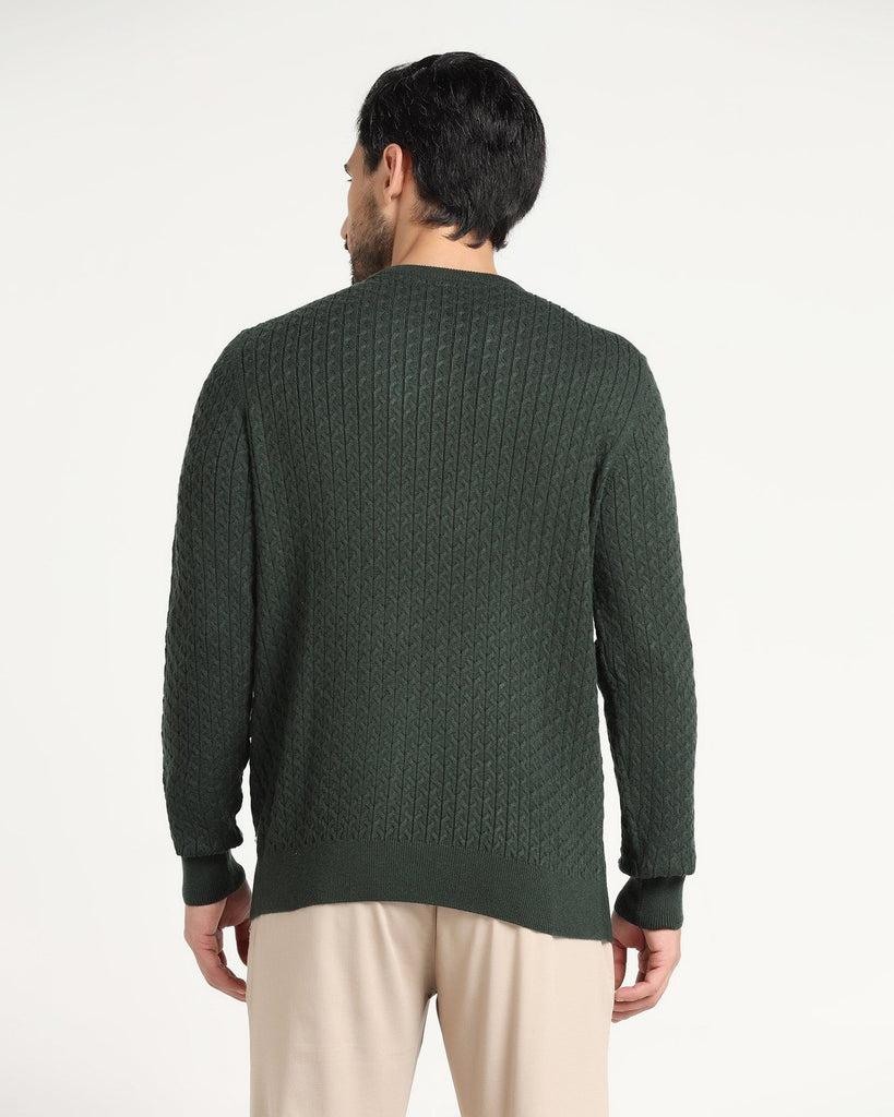 Crew Neck Bottle Green Textured Sweater - Jiggle