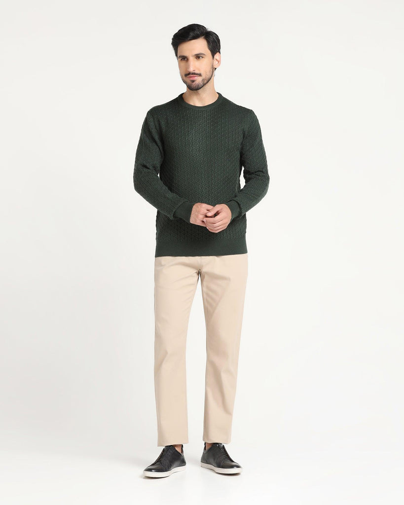 Crew Neck Bottle Green Textured Sweater - Jiggle