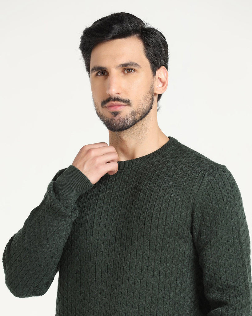 Crew Neck Bottle Green Textured Sweater - Jiggle