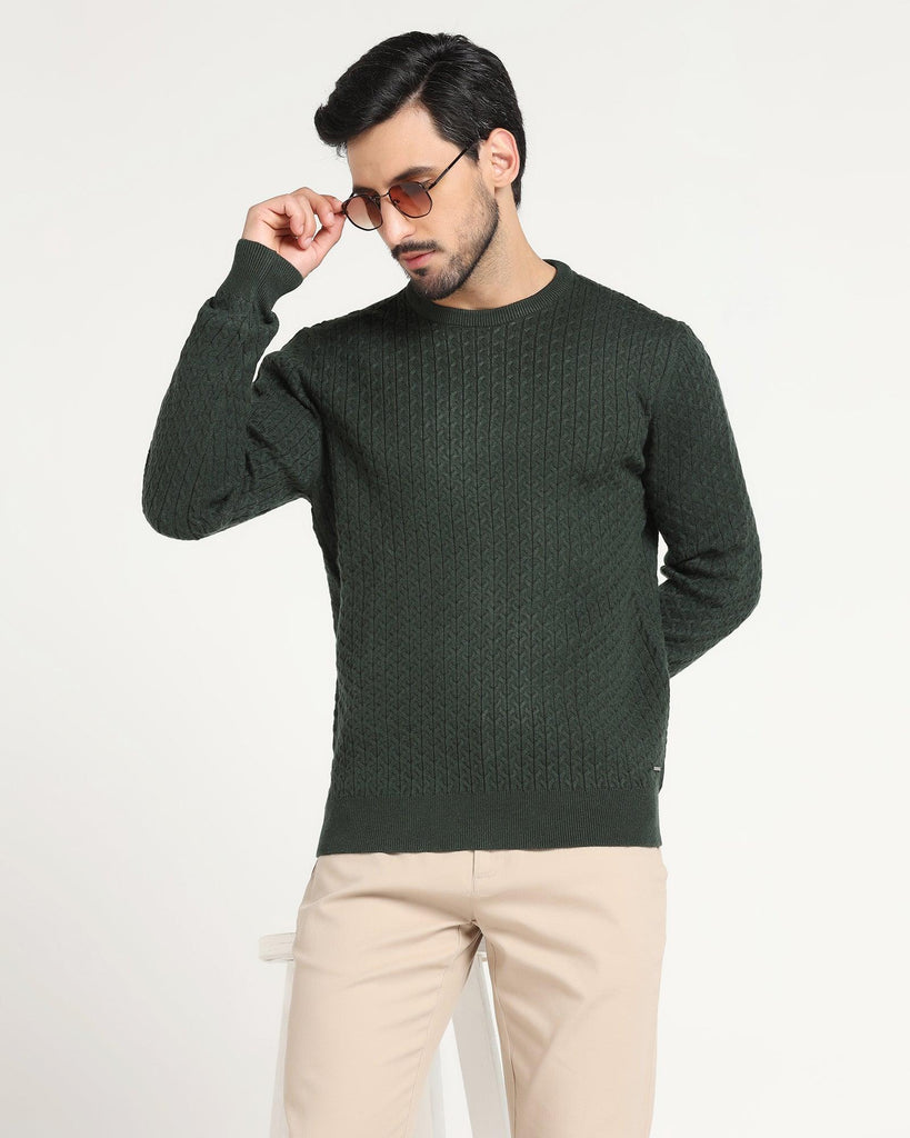 Crew Neck Bottle Green Textured Sweater - Jiggle