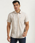 Casual Half Sleeve Beige Stripe Shirt - masami