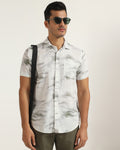 Linen Casual Half Sleeve Grey Printed Shirt - kyren
