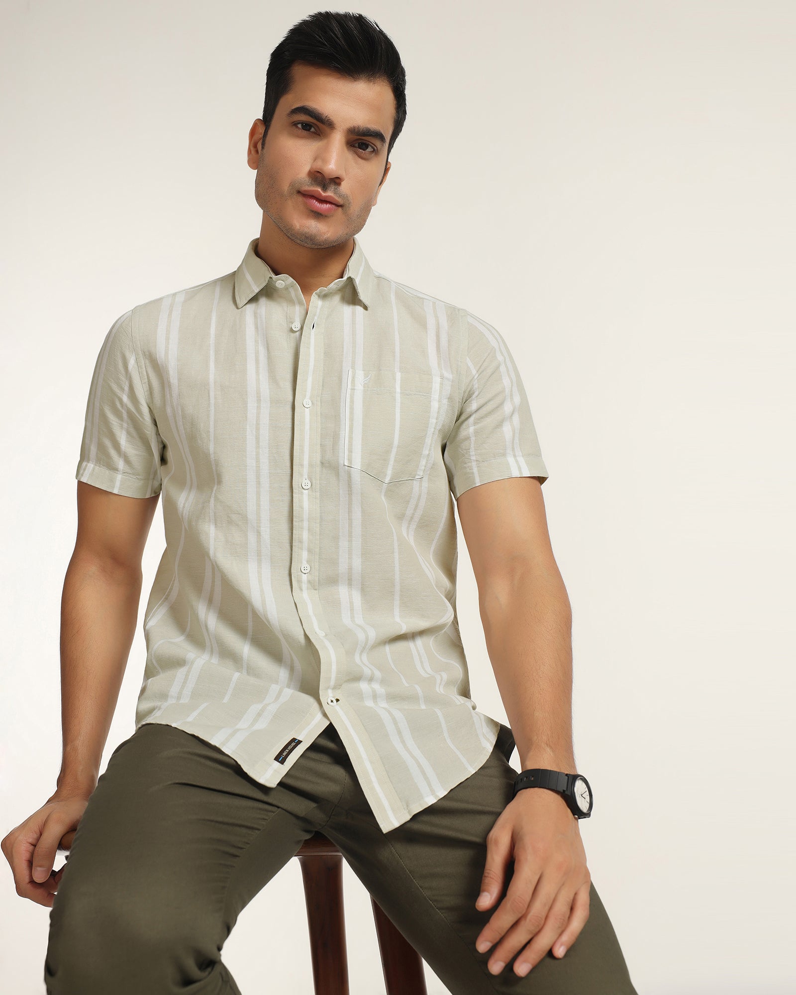Linen Casual Half Sleeve Pistachio Stripe Shirt - breton