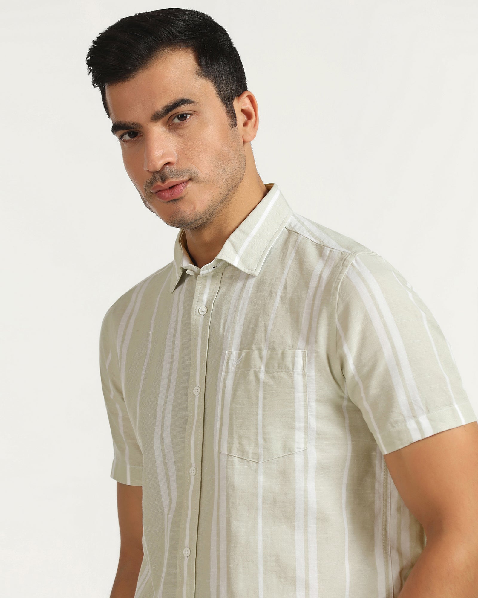 Linen Casual Half Sleeve Pistachio Stripe Shirt - breton