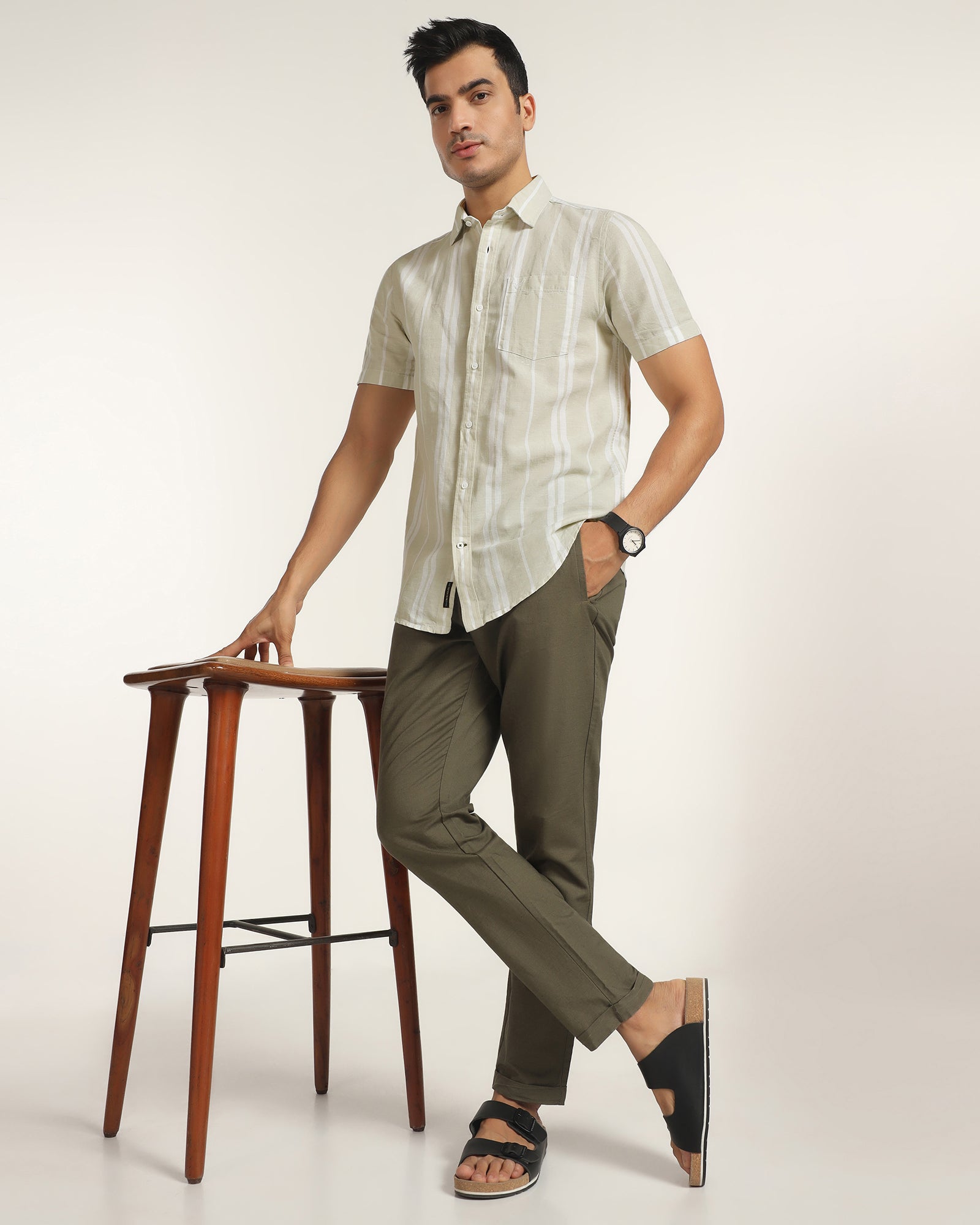 Linen Casual Half Sleeve Pistachio Stripe Shirt - breton