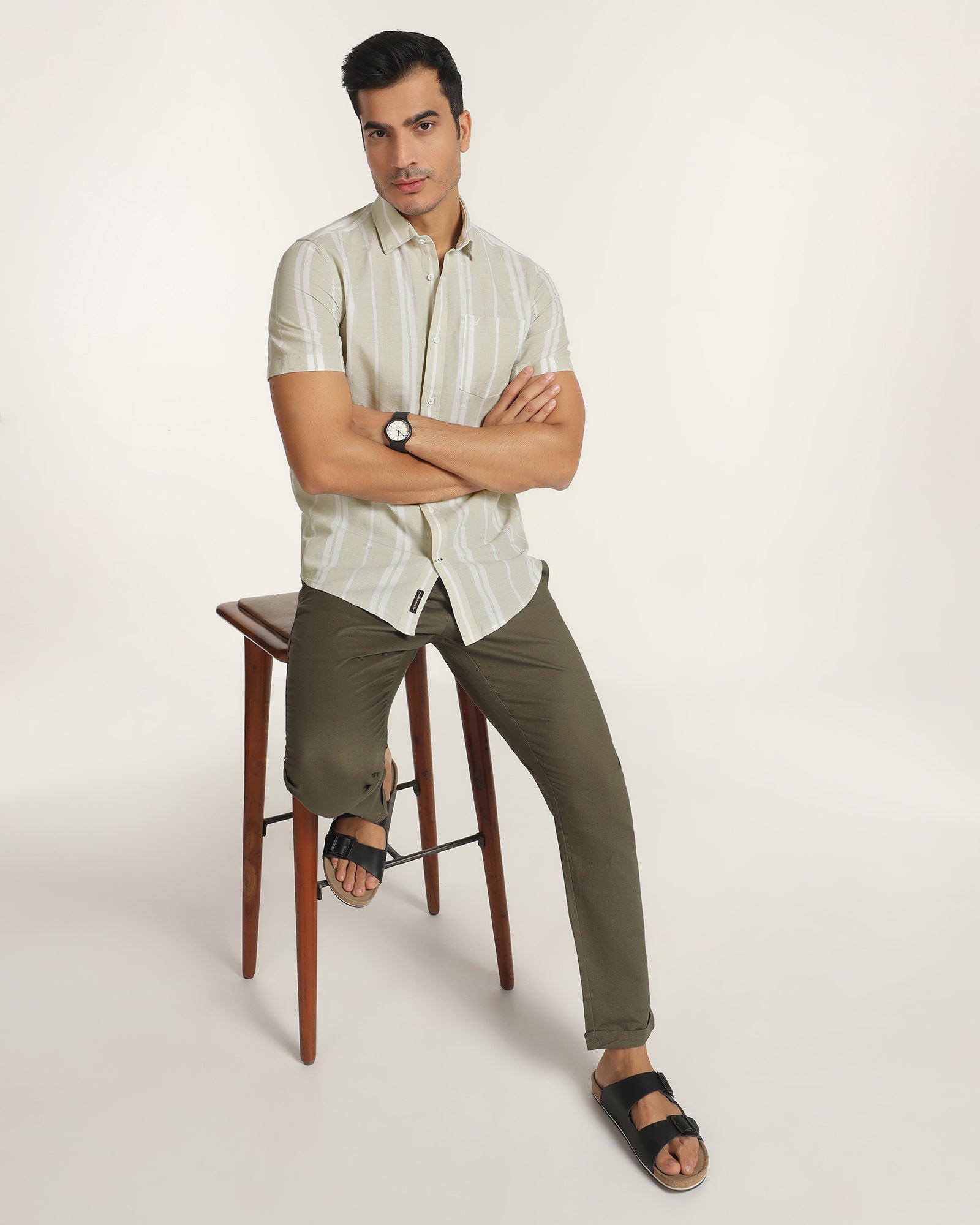 Linen Casual Half Sleeve Pistachio Stripe Shirt - breton
