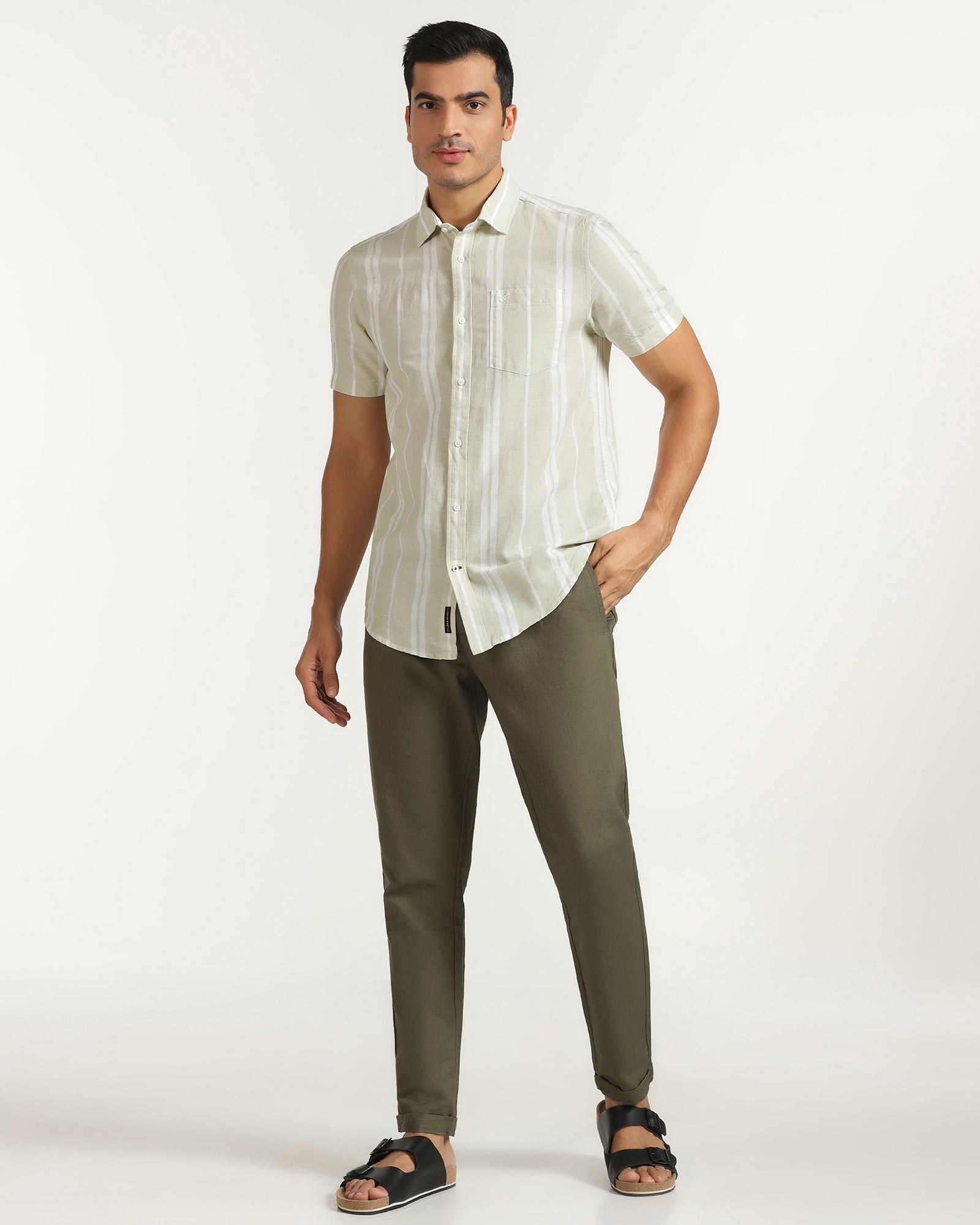 Linen Casual Half Sleeve Pistachio Stripe Shirt - breton