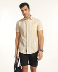 Linen Casual Half Sleeve Yellow Stripe Shirt - breton