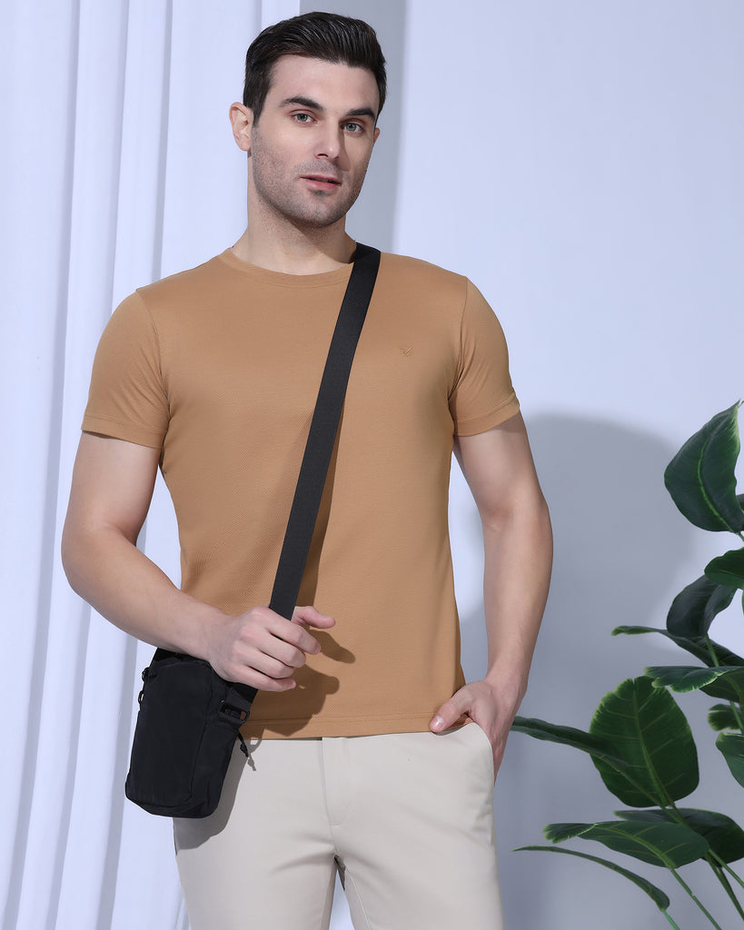 Crew Neck Brown Tan Textured T-Shirt - Corn