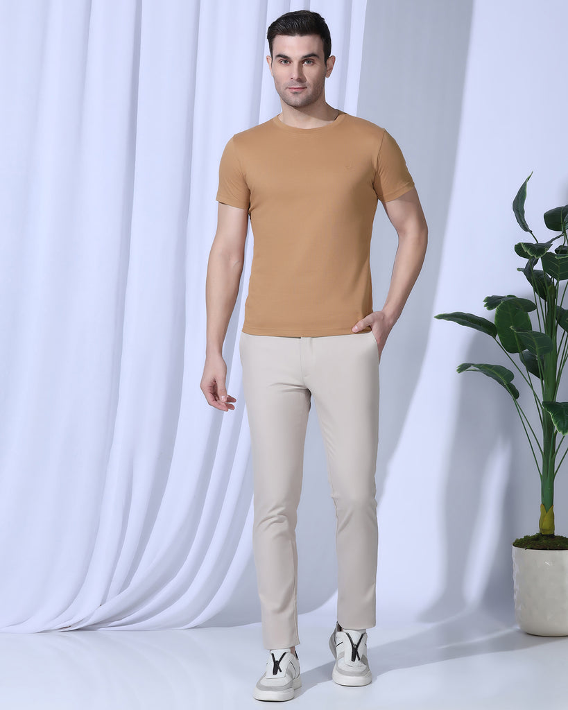 Crew Neck Brown Tan Textured T-Shirt - Corn