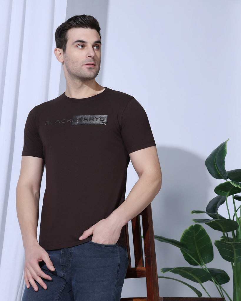 Crew Neck Dark Brown Printed T-Shirt - Zedd