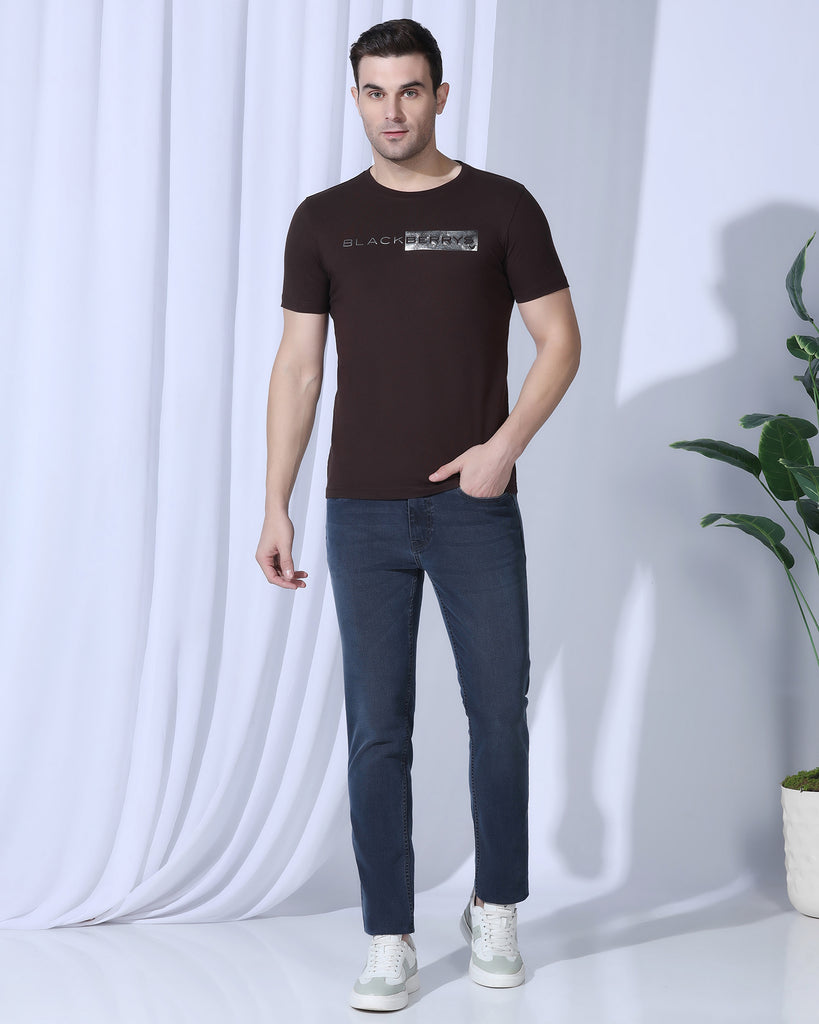 Crew Neck Dark Brown Printed T-Shirt - Zedd