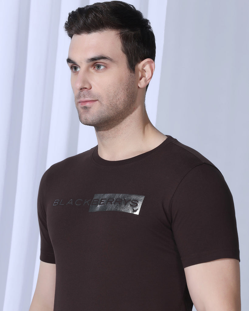 Crew Neck Dark Brown Printed T-Shirt - Zedd