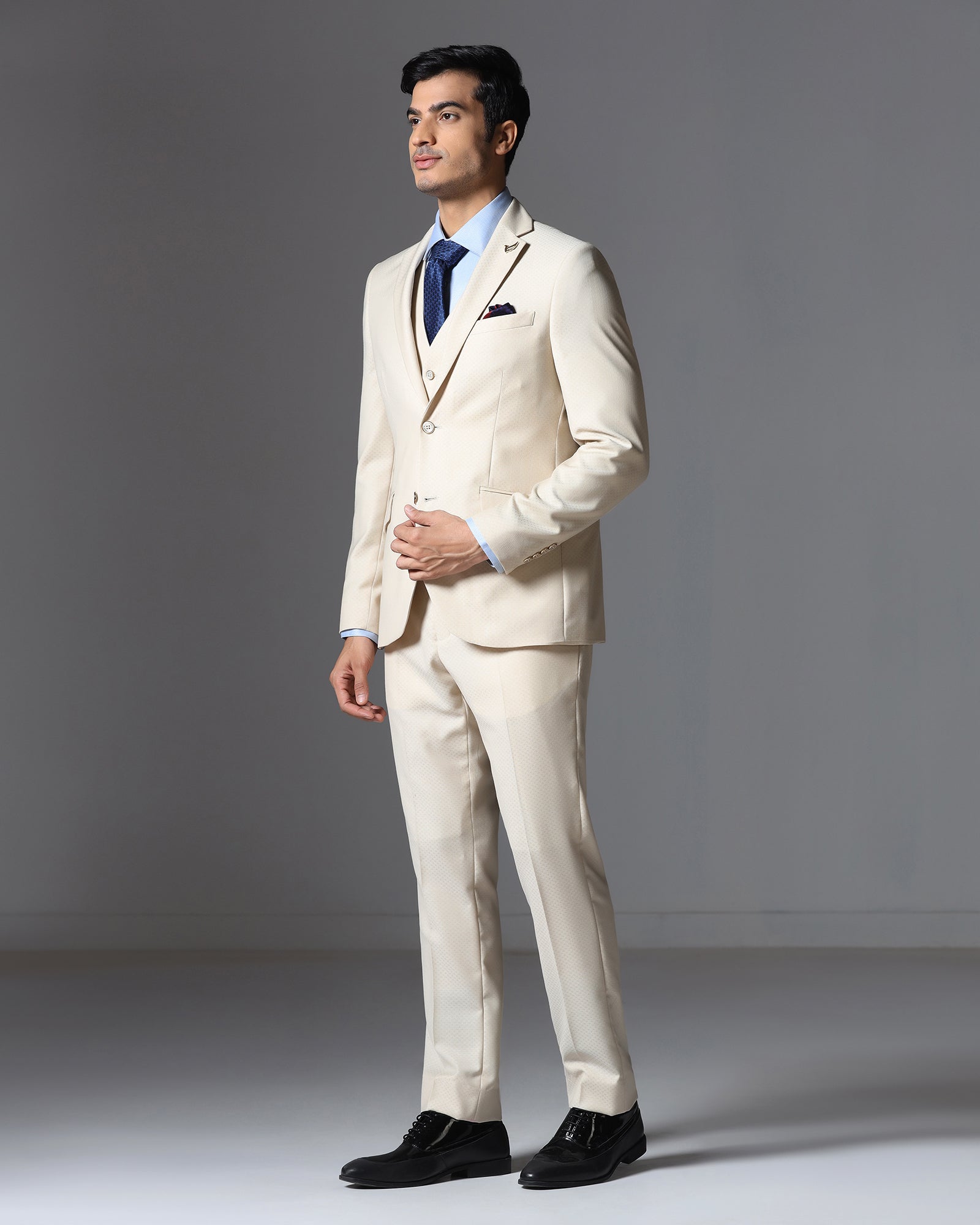 Ecru Three Piece Jacqaurd Suit - Moraco