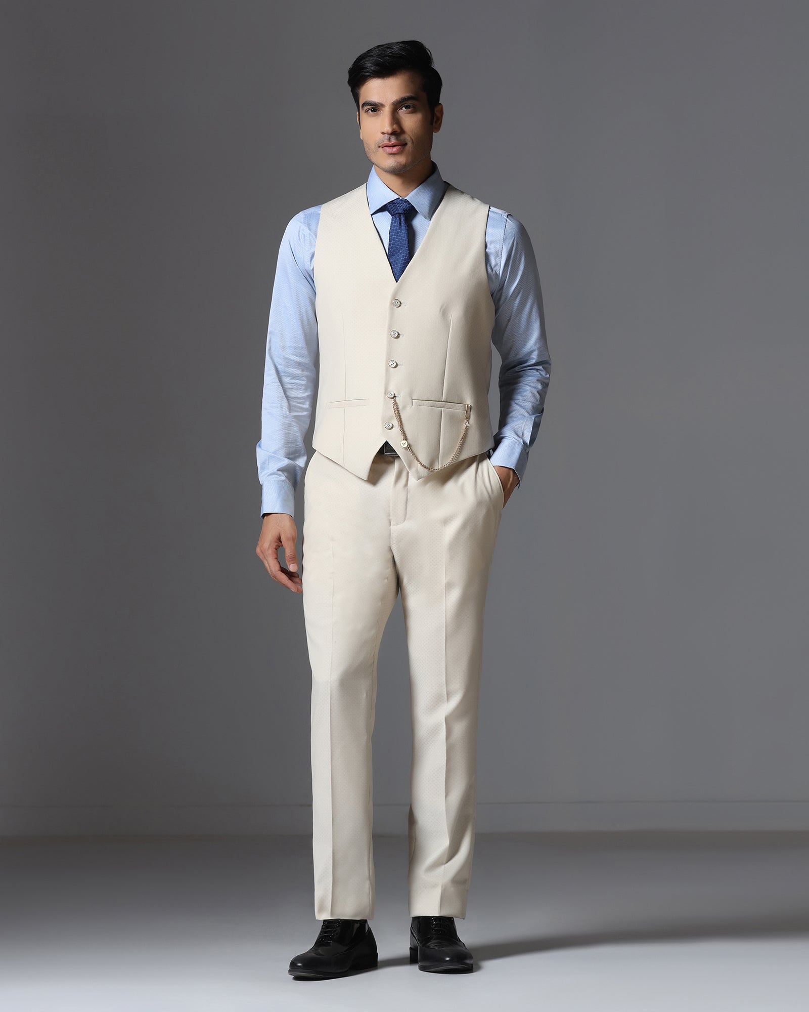 Ecru Three Piece Jacqaurd Suit - Moraco