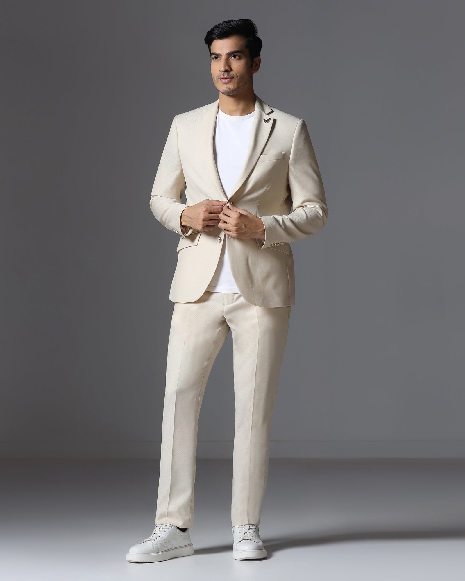 Ecru Three Piece Jacqaurd Suit - Moraco