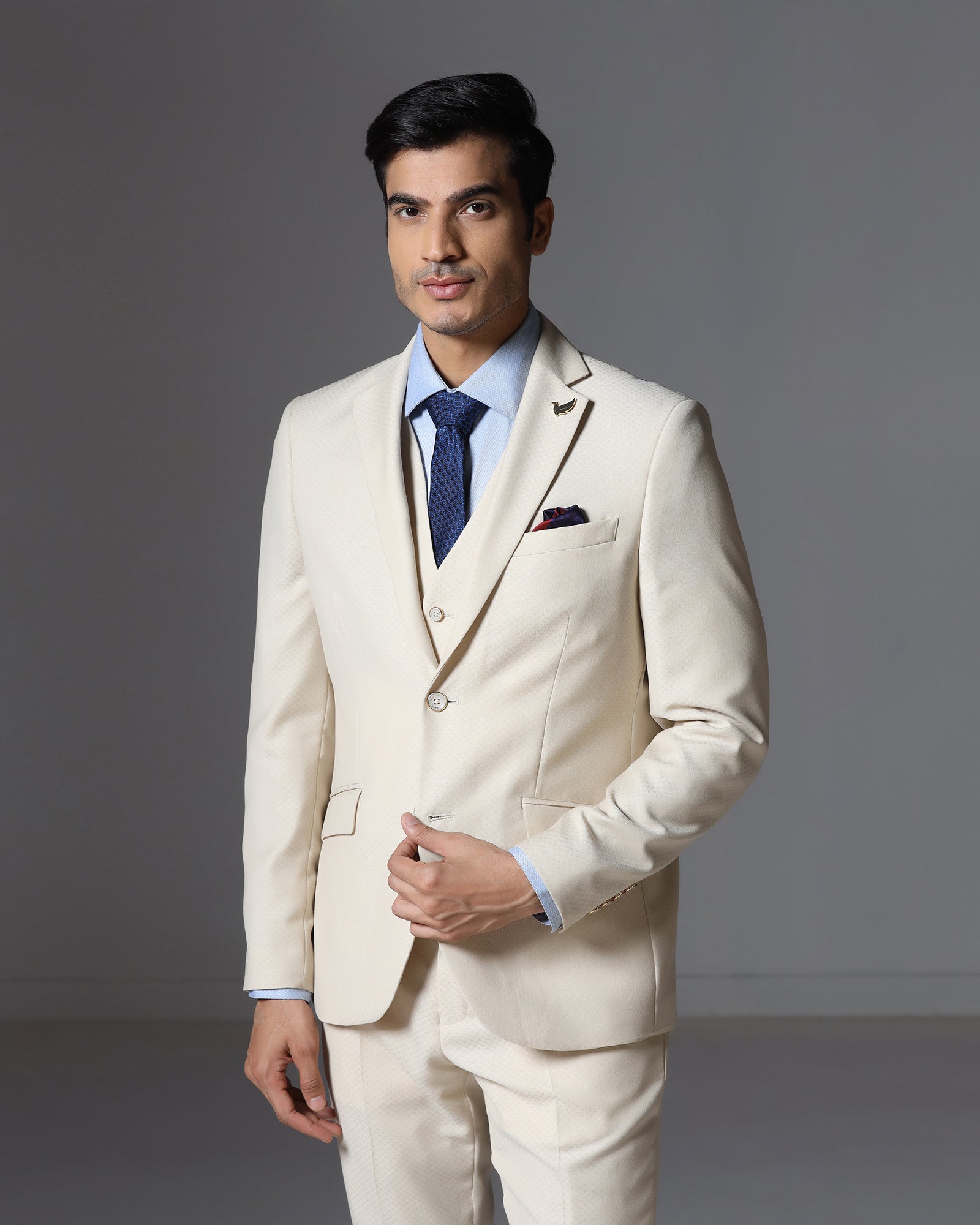 Ecru Three Piece Jacqaurd Suit - Moraco