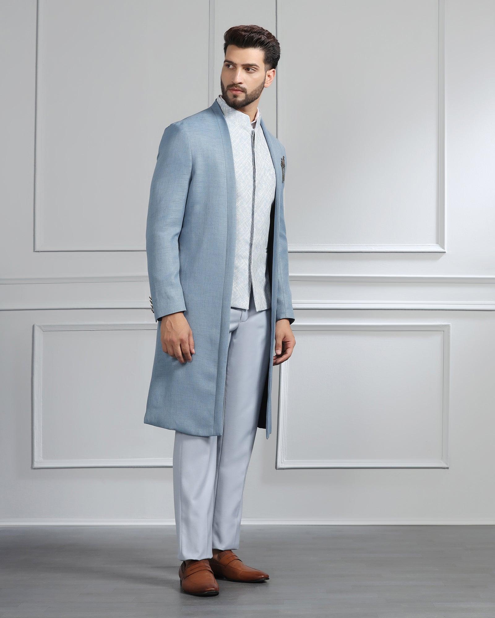 Swarn Multitude 6X Blue Solid Achkan Set - Renera - Blackberrys