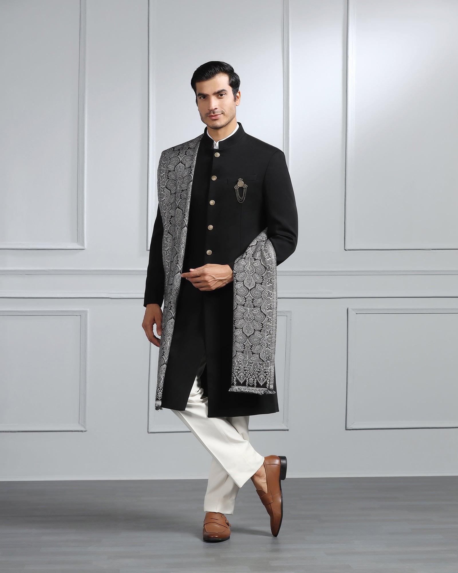 Black Swarn Solid Achkan Set - Dagaris