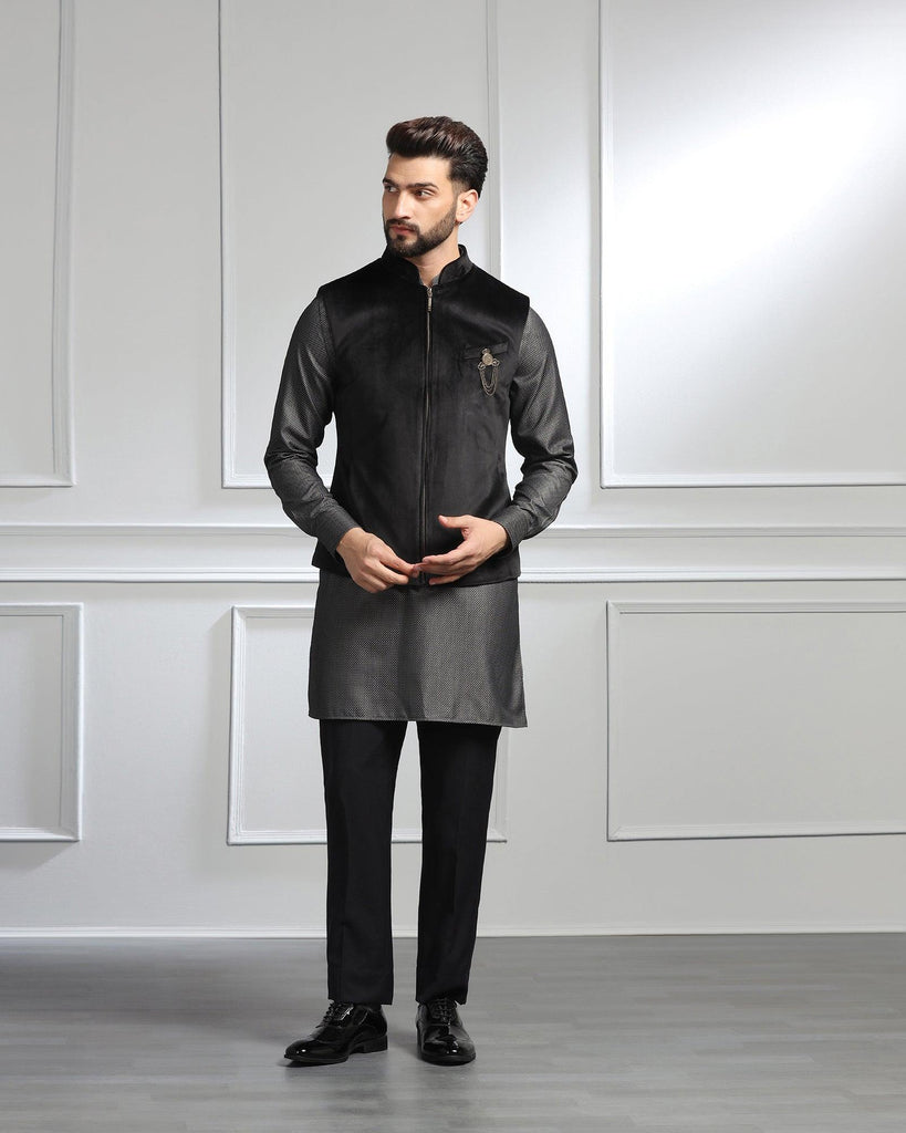 Swarn Two Piece Black Solid Achkan Set - Sandrona