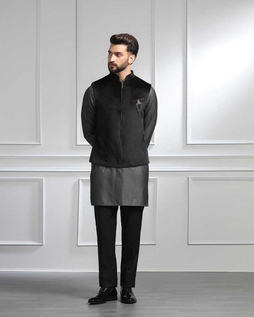 Swarn Two Piece Black Solid Achkan Set - Sandrona