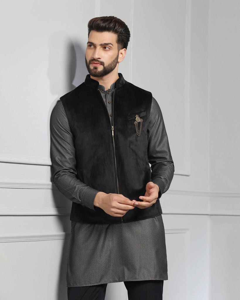 Swarn Two Piece Black Solid Achkan Set - Sandrona