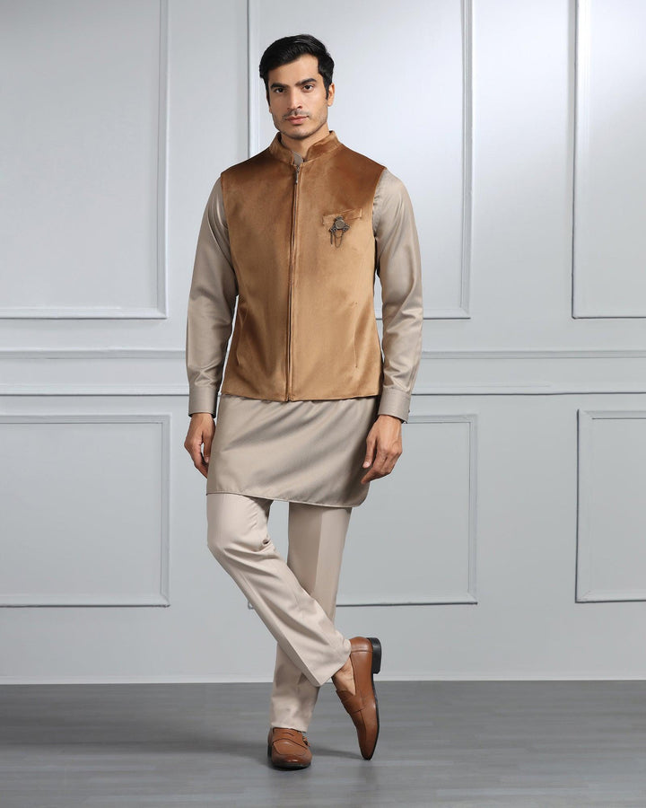 Swarn Two Piece Khaki Solid Achkan Set - Sandrona