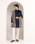 Swarn Two Piece Navy Solid Achkan Set - Veltos - Blackberrys