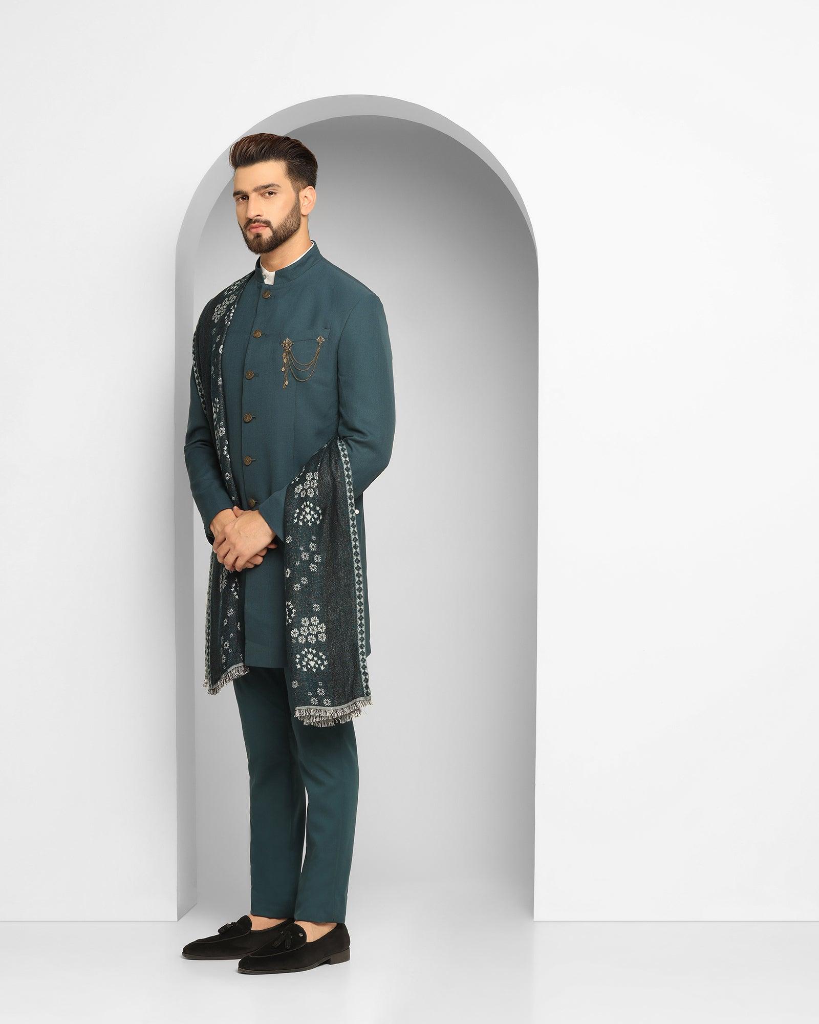 Teal Swarn Solid Achkan Set - Athens