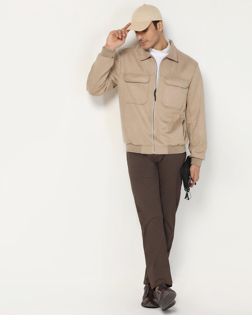 Formal Beige Solid Zipper Jacket - Ducrot